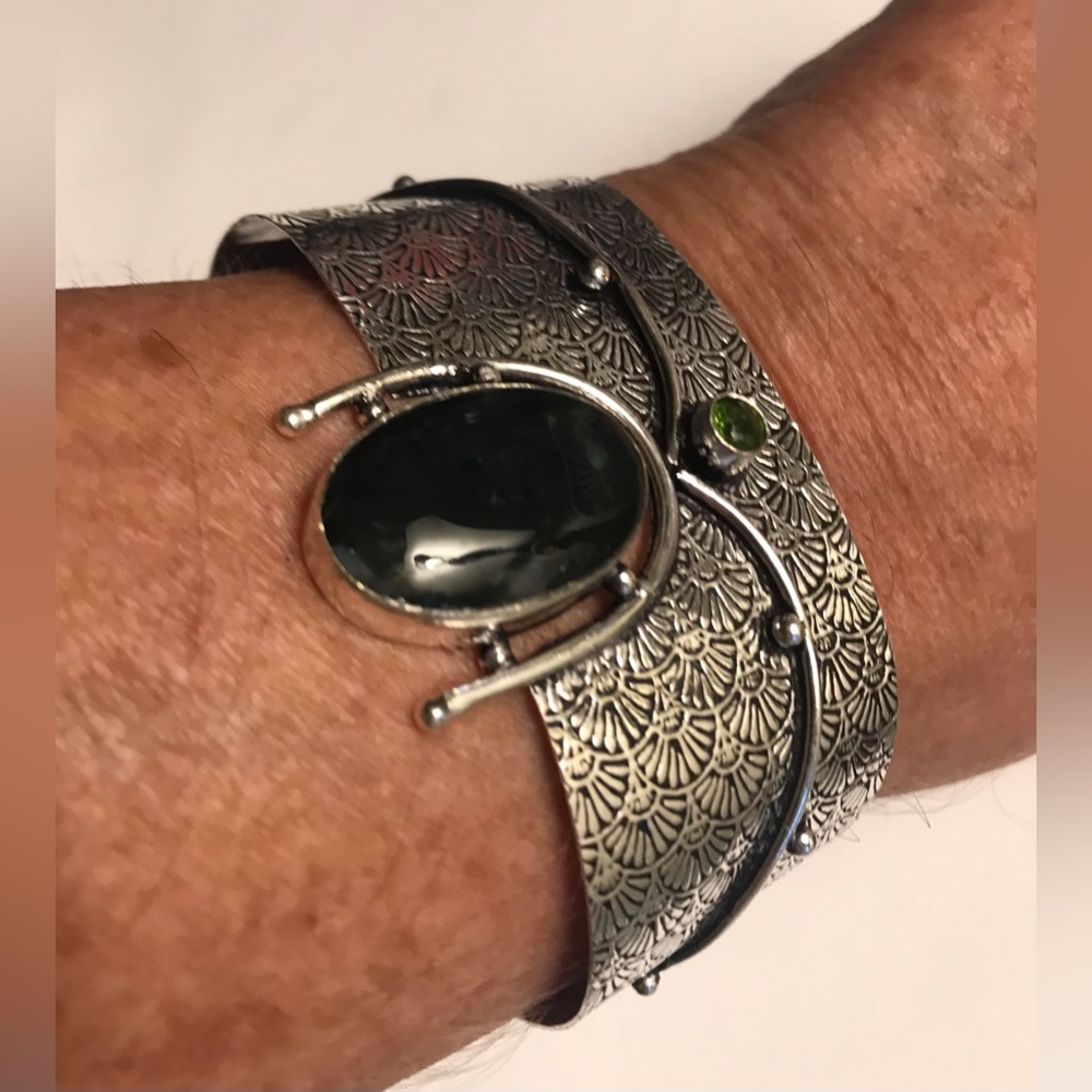 Moss Agate Peridot Stamped 925 Sterling Silver Cuff Bracelet